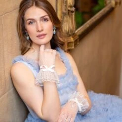 Women’s Spotty Tulle Gloves With Double Cuff And Bow 7 Women’s Spotty Tulle Gloves With Double Cuff And Bow -Dents Luxury Accessories Sales womens spotty tulle gloves double cuff ivory 2