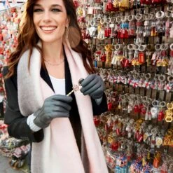 Women’s Stripe Blanket Scarf With Tassels -Dents Luxury Accessories Sales womens stripe blanket scarf pink grey 2