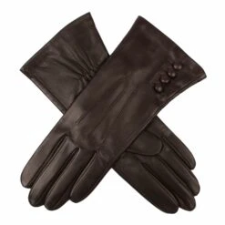 Women's Touchscreen Three-Point Silk-Lined Leather Gloves With Buttons -Dents Luxury Accessories Sales womens touchscreen leather gloves with buttons mocca